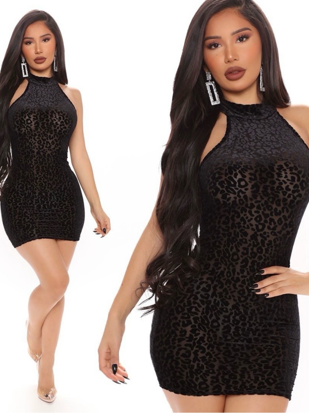 Fashion Nova Black Leopard-Print Velvet Halter Bodycon Mini Dress